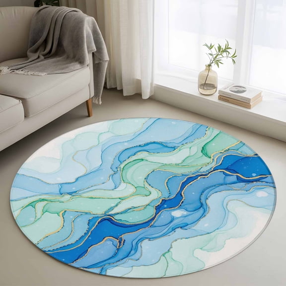 Round Area Rug 3 Ft, Turquoise Blue Marble Washable Non-Slip Circle Carpet for Living Room/Bedroom, Abstract Art Modern Fluid Marble Low-Profile Small Floor Mats Collection Rugs for Indoor