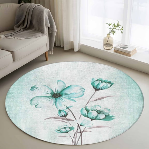 Round Area Rug 3 Ft, Turquoise Flowers Washable Non-Slip Circle Carpet for Living Room/Bedroom, Farmhouse Gradient Floral Plants Low-Profile Small Floor Mats Collection Rugs for Indoor