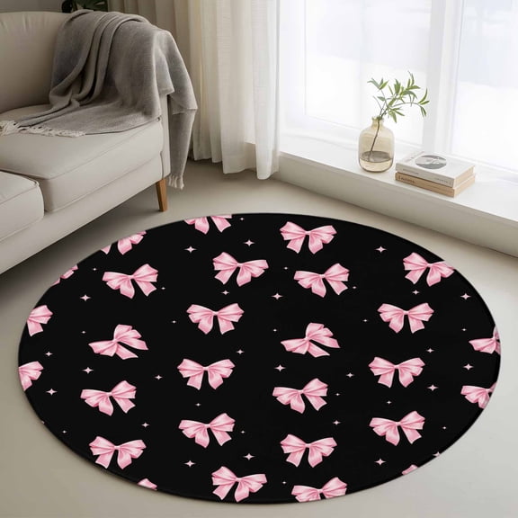 Round Area Rug 3 Ft, Valentine's Day Washable Non-Slip Circle Carpet for Living Room/Bedroom, Pink Bows Shining Stars Modern Black Low-Profile Small Floor Mats Collection Rugs for Indoor