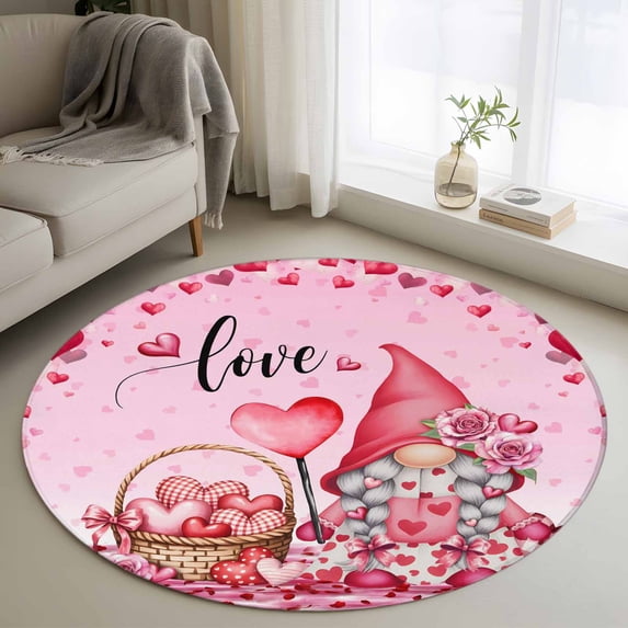 Round Area Rug 3 Ft, Valentine's Day Washable Non-Slip Circle Carpet for Living Room/Bedroom, Pink Love Gnomes Roses Ombre Romantic Low-Profile Small Floor Mats Collection Rugs for Indoor