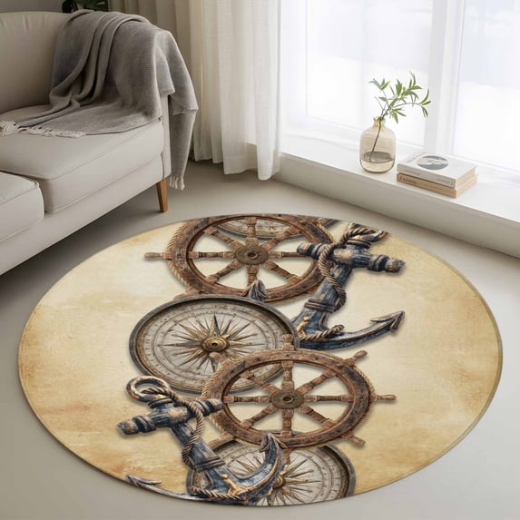 Round Area Rug 3 Ft, Vintage Anchor Nautical Washable Non-Slip Circle Carpet for Living Room/Bedroom, Coastal Compass Brown Low-Profile Small Floor Mats Collection Rugs for Indoor