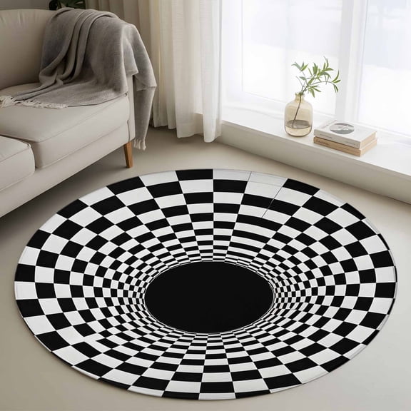 Round Area Rug 3ft 3D Vortex Tunnel Area Rugs Washable Low Pile Floor Carpet for Bedroom, Black White Optical Illusion Background Non Slip Soft Rugs for Living Room Entryway Dining Room