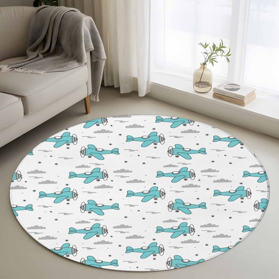Round Area Rug 3ft,Abstract Blue Aircraft Grey Clouds Washable Carpet Non-Slip Runner Accent Rugs Indoor Floor Mat for Bedroom Living Room Decor,Modern Art