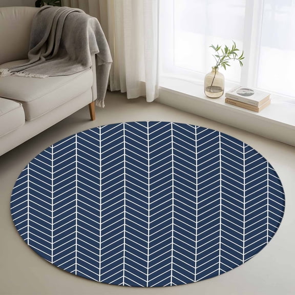 Round Area Rug 3ft, Abstract Blue White Chevron Texture Non-Shedding Washable Area Rug, Geometric Herringbone Non Slip Low-Profile Circle Rugs for Living Room, Bedroom Dining Room