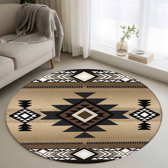 Round Area Rug 3ft Abstract Boho Brown Geometric Pattern Area Rugs Washable Low Pile Floor Carpet for Bedroom, Retro Southwest Theme Non Slip Soft Rugs for Living Room Entryway Dining Room