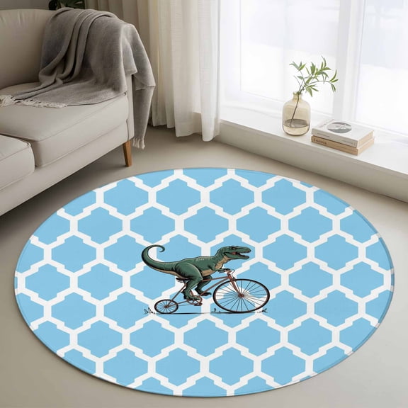 Round Area Rug 3ft, Abstract Dinosaurs Riding Bicycle Non-Slip Non-Shedding Floor Mat, Blue Moroccan Pattern Washable Sturdy Carpet for Living Room Bedroom Home Decor