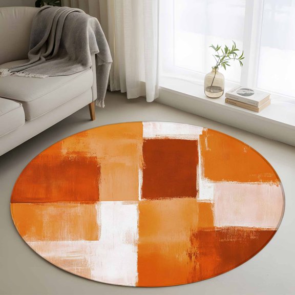Round Area Rug 3ft Abstract Geometric Graffiti Square Area Rugs Washable Low Pile Floor Carpet for Bedroom, Gradient Orange Non Slip Soft Rugs for Living Room Entryway Dining Room