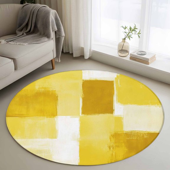 Round Area Rug 3ft Abstract Geometric Graffiti Square Area Rugs Washable Low Pile Floor Carpet for Bedroom, Gradient Yellow Non Slip Soft Rugs for Living Room Entryway Dining Room