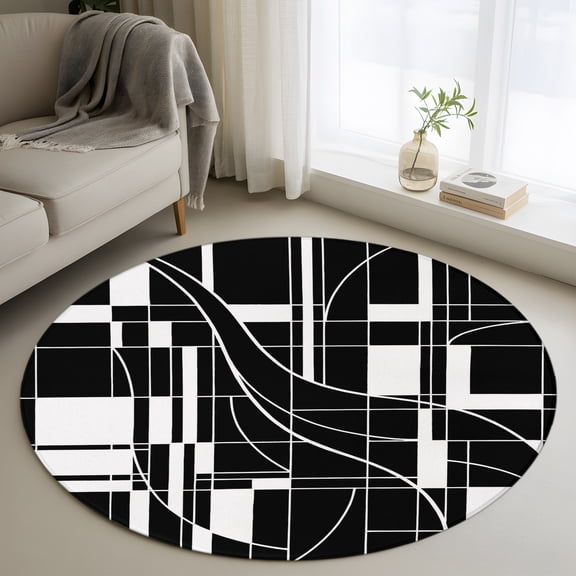 Round Area Rug 3ft Abstract Geometric Lattice Pattern Area Rugs Washable Low Pile Floor Carpet for Bedroom, Black White Stripe Square Non Slip Soft Rugs for Living Room Entryway Dining Room