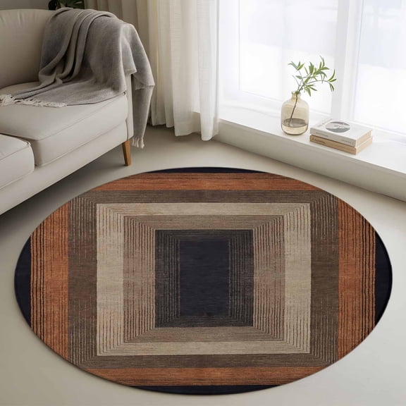 Round Area Rug 3ft Abstract Geometric Square Area Rugs Washable Low Pile Floor Carpet for Bedroom, Black Brown Wood Grain Texture Non Slip Soft Rugs for Living Room Entryway Dining Room