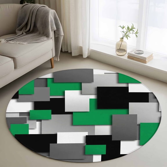 Round Area Rug 3ft Abstract Geometric Square Art Area Rugs Washable Low Pile Floor Carpet for Bedroom, Modern Green Gray Black Grid Non Slip Soft Rugs for Living Room Entryway Dining Room