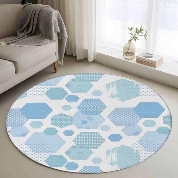 Round Area Rug 3ft, Abstract Gradient Blue White Color Block Non-Slip Non-Shedding Floor Mat, Polka Dots Washable Sturdy Carpet for Living Room Bedroom Home Decor