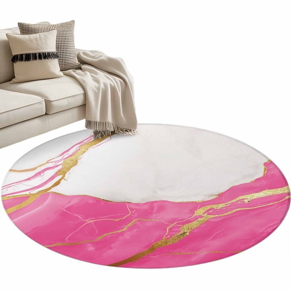Round Area Rug 3ft Abstract Marble Floor Carpets Indoor Floor Area Mat Stain-Proof Mat Circle Rugs for Living Room Dining Room Kitchen Bedroom, Marble Pink Sofa Throw Carpet