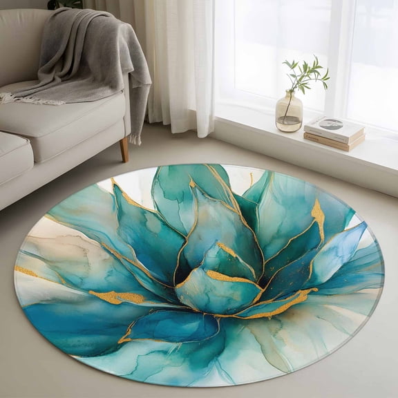 Round Area Rug 3ft, Abstract Marble Stone Flower Non-Slip Non-Shedding Floor Mat, Teal Botanical Plant Texture Washable Sturdy Carpet for Living Room Bedroom Home Decor
