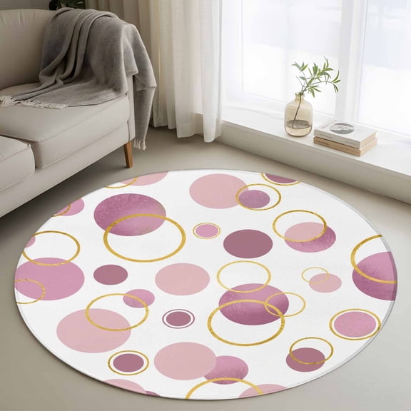 Round Area Rug 3ft, Abstract Modern Purple Pink Dots Non-Slip Non-Shedding Floor Mat, Golden Circle Washable Sturdy Carpet for Living Room Bedroom Home Decor