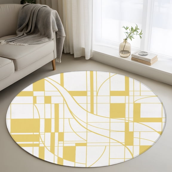 Round Area Rug 3ft Abstract Modern Yellow Geometric Art Area Rugs Washable Low Pile Floor Carpet for Bedroom, Minimalist Stripe Square Non Slip Soft Rugs for Living Room Entryway Dining Room