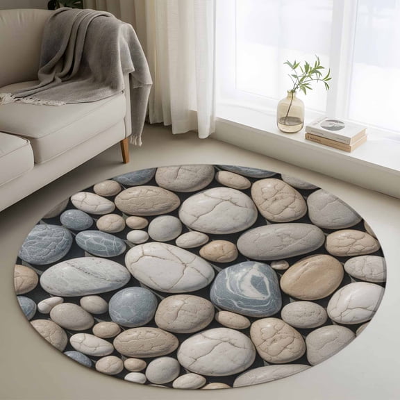 Round Area Rug 3ft, Abstract Natural Grey Cobblestone Non-Slip Non-Shedding Floor Mat, Modern Grey Pebble Stone Washable Sturdy Carpet for Living Room Bedroom Home Decor