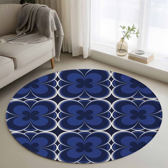 Round Area Rug 3ft,Abstract Navy Blue Four Leaf Clovers Washable Carpet Non-Slip Runner Accent Rugs Indoor Floor Mat for Bedroom Living Room Decor,Flower Texture