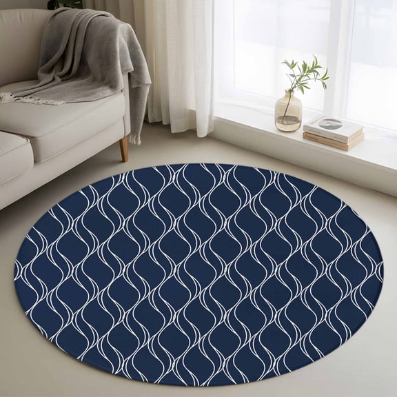 Round Area Rug 3ft,Abstract Navy Blue Waves Line Washable Carpet Non-Slip Runner Accent Rugs Indoor Floor Mat for Bedroom Living Room Decor,Classic White Striped Wavy