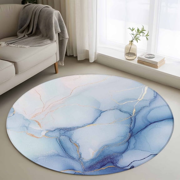 Round Area Rug 3ft, Abstract Ocean Marble Texture Non-Slip Non-Shedding Floor Mat, Simple Golden Line Art Washable Sturdy Carpet for Living Room Bedroom Home Decor