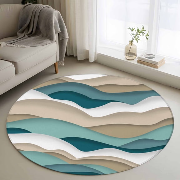 Round Area Rug 3ft, Abstract Ocean Sea Wave Non-Slip Non-Shedding Floor Mat, Teal Brown Ombre Art Washable Sturdy Carpet for Living Room Bedroom Home Decor