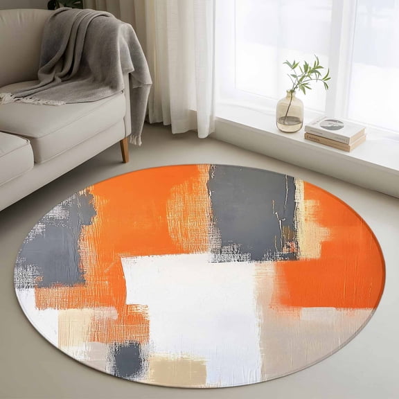 Round Area Rug 3ft,Abstract Orange Gray Square Washable Carpet Non-Slip Runner Accent Rugs Indoor Floor Mat for Bedroom Living Room Decor,Minimalist Splicing Color Block