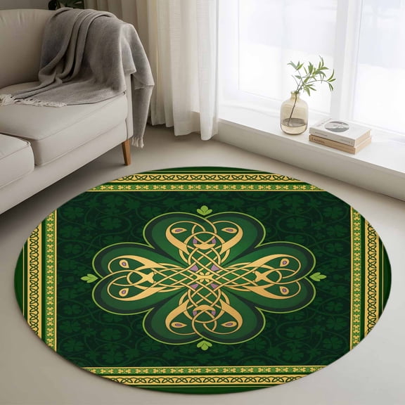Round Area Rug 3ft, Abstract Shamrock Celtic Knot Non-Slip Non-Shedding Floor Mat, St. Patrick's Day Green Theme Washable Sturdy Carpet for Living Room Bedroom Home Decor