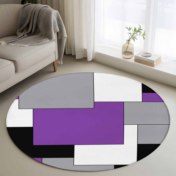Round Area Rug 3ft Abstract Splicing Purple White Grey Square Blocks Area Rugs Washable Low Pile Floor Carpet for Bedroom, Art Plaid Non Slip Soft Rugs for Living Room Entryway Dining Room