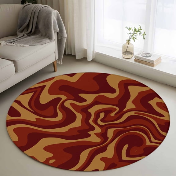 Round Area Rug 3ft,Abstract Stripe Fluid Art Washable Carpet Non-Slip Runner Accent Rugs Indoor Floor Mat for Bedroom Living Room Decor,Red Yellow Gradient Geometric Line