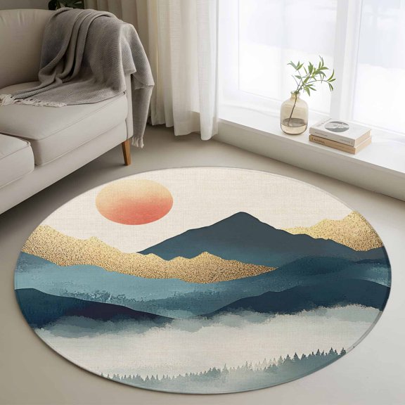 Round Area Rug 3ft,Abstract Sun Mountain Scenery Washable Carpet Non-Slip Runner Accent Rugs Indoor Floor Mat for Bedroom Living Room Decor,Retro Gradient Art on Linen