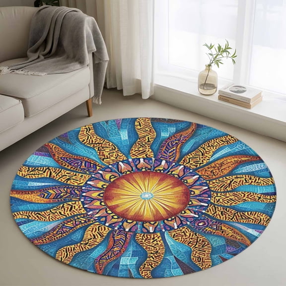 Round Area Rug 3ft,Abstract Sun Pattern Washable Carpet Non-Slip Runner Accent Rugs Indoor Floor Mat for Bedroom Living Room Decor,Classic Bohemian Flame