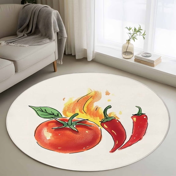 Round Area Rug 3ft Abstract Tomato Chili Circle Kitchen Mats Non-Slip Hand Drawn Washable Round Carpet for Kitchen Living Room Bedroom Home Decor