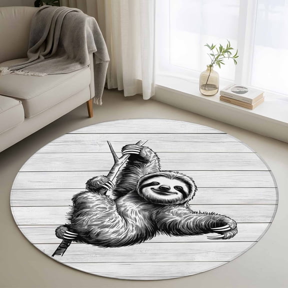 Round Area Rug 3ft,Abstract Vintage Grey Lazy Animals Washable Carpet Non-Slip Runner Accent Rugs Indoor Floor Mat for Bedroom Living Room Decor,Retro Wood Board