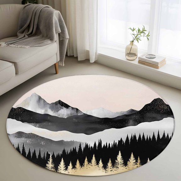 Round Area Rug 3ft Abstract White Black Mountain Forest Circle Kitchen Mats Non-Slip Modern Washable Round Carpet for Kitchen Living Room Bedroom Home Decor