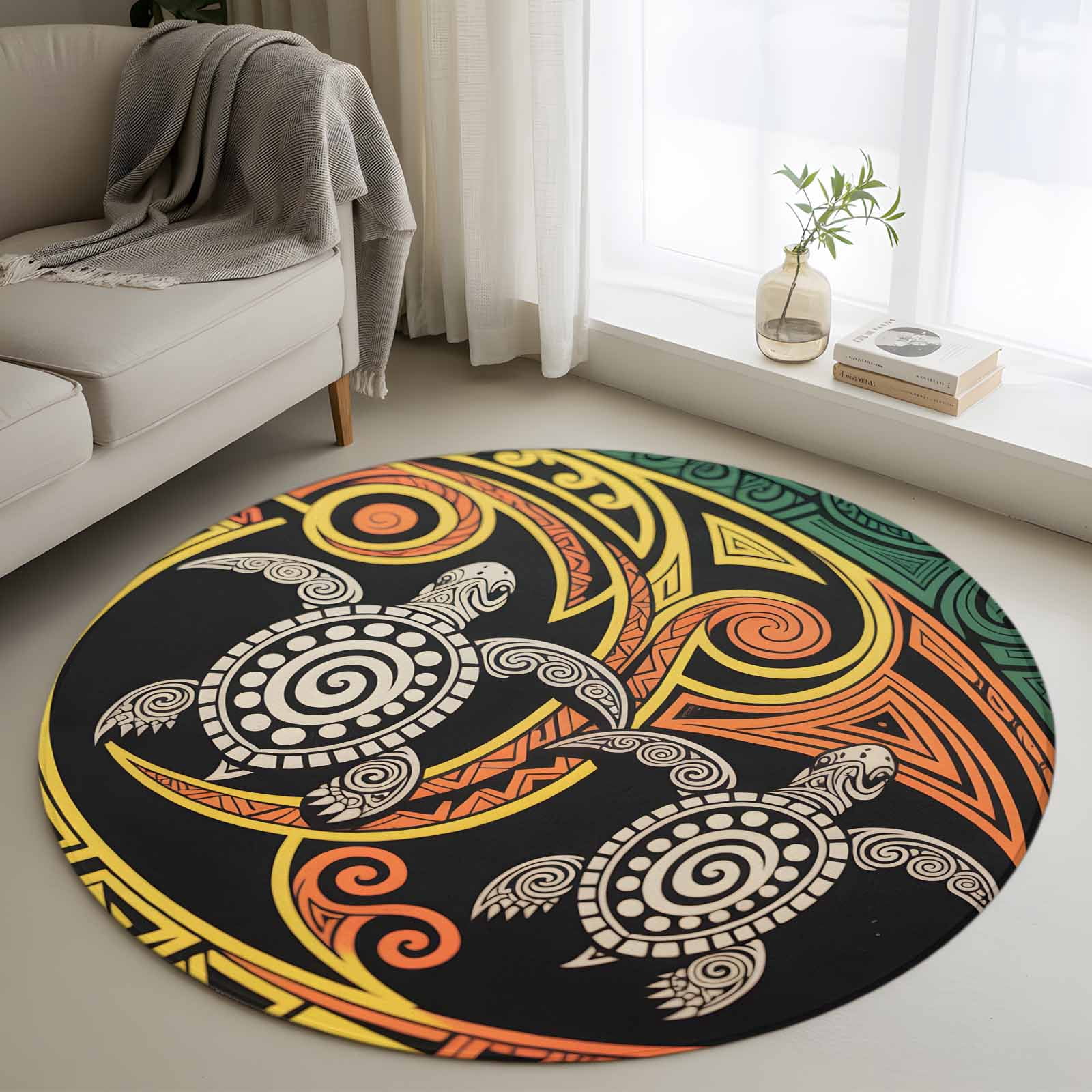 Circle Turtle Rug Round Area Rug 3ft, Abstraction Marine Life Turtle Non-Shedding ...