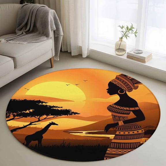 Round Area Rug 3ft,African Black Women Washable Carpet Non-Slip Runner Accent Rugs Indoor Floor Mat for Bedroom Living Room Decor,Farmhouse Deer Sunset Landscape