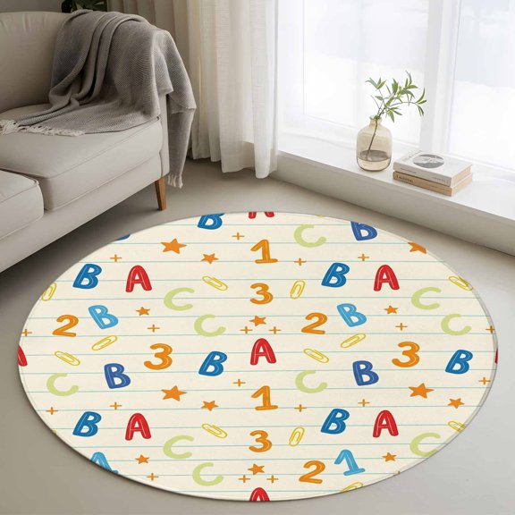 Round Area Rug 3ft, Alphabet Letters Numbers Non-Slip Non-Shedding Floor Mat, Educational Learning Pattern Washable Sturdy Carpet for Living Room Bedroom Home Decor