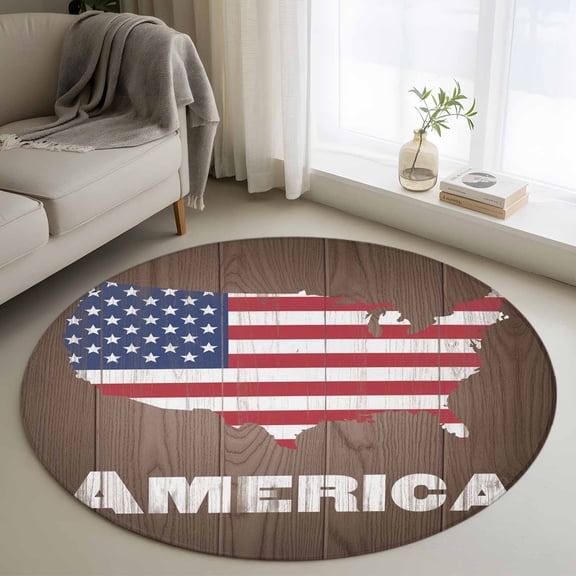 Round Area Rug 3ft, American Independence Day Non-Slip Non-Shedding Floor Mat, USA Flag Map on Wood Grain Washable Sturdy Carpet for Living Room Bedroom Home Decor
