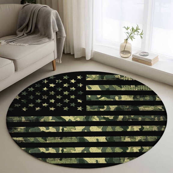 Round Area Rug 3ft, American Retro Stars and Stripes Flag Non-Slip Non-Shedding Floor Mat, Forests Army Camouflage Washable Sturdy Carpet for Living Room Bedroom Home Decor