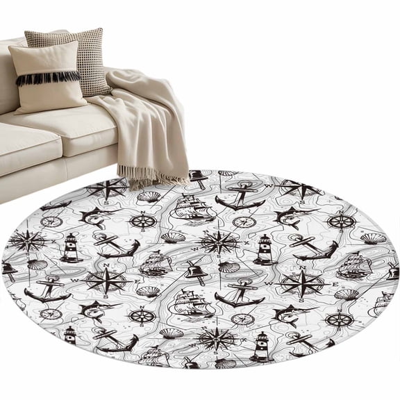 Round Area Rug 3ft Anchor Sailboat Floor Carpets Indoor Floor Area Mat Stain-Proof Mat Circle Rugs for Living Room Dining Room Kitchen Bedroom, Nautical Ocean Compass Map Sofa Throw Carpet