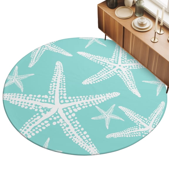 Round Area Rug 3ft Aqua Ocean Starfish Floor Carpets Indoor Floor Area Mat Stain-Proof Mat Circle Rugs for Living Room Dining Room Kitchen Bedroom, Summer Beach Coastal Sofa Throw Carpet
