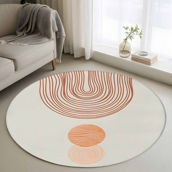 Round Area Rug 3ft,Arched Line Art Orange Sun Washable Carpet Non-Slip Runner Accent Rugs Indoor Floor Mat for Bedroom Living Room Decor,Watercolor Minimalist Curve Stripe