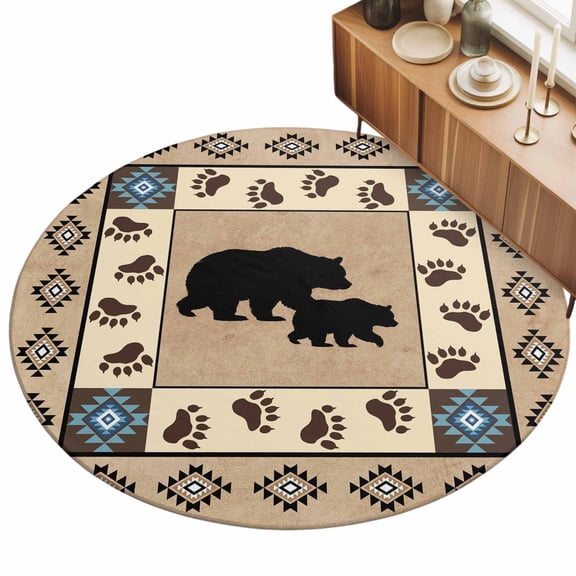 Round Area Rug - 3ft Autumn Black Bear Footprints Non Slip Washable Circle Carpet Soft Large Floor Rugs for Living Room Bedroom Nursery Office