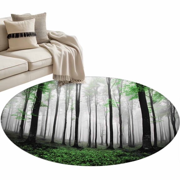 Round Area Rug 3ft Autumn Maple Forest Floor Carpets Indoor Floor Area Mat Stain-Proof Mat Circle Rugs for Living Room Dining Room Kitchen Bedroom, Green Misty Forest Trees Sofa Throw Carpet