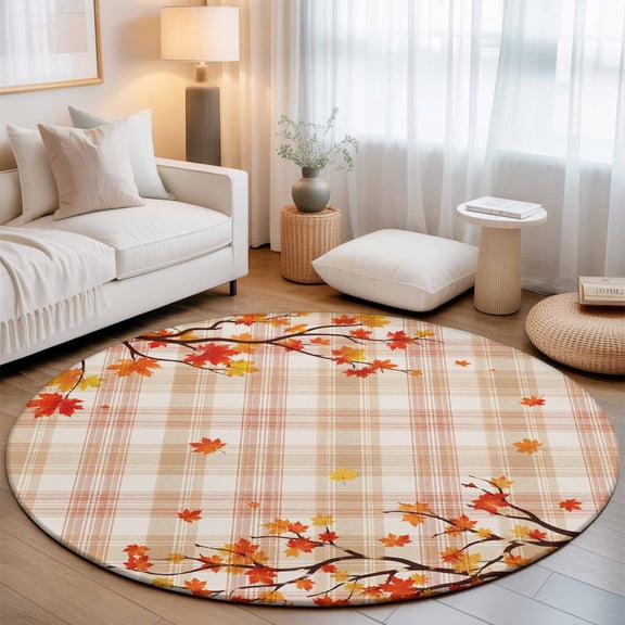 Round Area Rug - 3ft Autumn Maple Leaf Checkered Non Slip Washable Circle Carpet Soft Large Floor Rugs for Living Room Bedroom Nursery Office