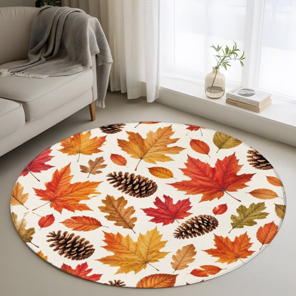 Round Area Rug 3ft Autumn Maple Leaf Thanksgiving Pine Cone Area Rugs Washable Low Pile Floor Carpet for Bedroom, Orange Leaves Seamless Non Slip Soft Rugs for Living Room Entryway Dining Room
