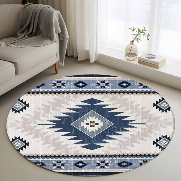 Round Area Rug 3ft, Aztec Blue Geometric Abstract Non-Slip Non-Shedding Floor Mat, Retro Ethnic Southwest Style Washable Sturdy Carpet for Living Room Bedroom Home Decor