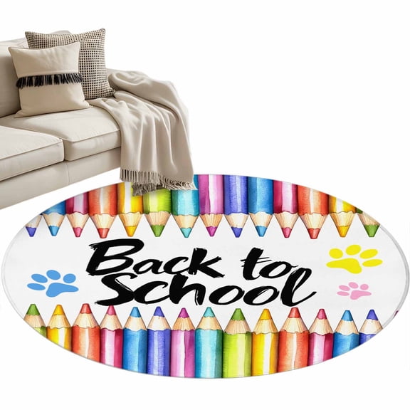 Round Area Rug 3ft Back to School Floor Carpets Indoor Floor Area Mat Stain-Proof Mat Circle Rugs for Living Room Dining Room Kitchen Bedroom, Pencil Paw Print Sofa Throw Carpet