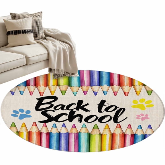 Round Area Rug 3ft Back to School Floor Carpets Indoor Floor Area Mat Stain-Proof Mat Circle Rugs for Living Room Dining Room Kitchen Bedroom, Pencil Paw Print Linen Sofa Throw Carpet