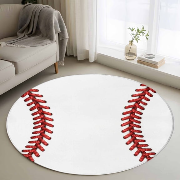 Round Area Rug 3ft, Baseball Stitches Texture Non-Slip Non-Shedding Floor Mat, Modern Minimalist Sport Theme Washable Sturdy Carpet for Living Room Bedroom Home Decor